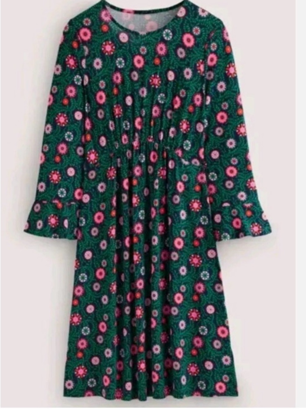 Boden Green Floral Midi Dress, Pink and Red Accents, Flute Sleeves - 20/22L
